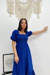 Neşeli butik kadın saks mavisi poplin kare yaka elbise NBG018