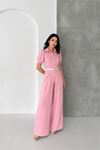 Neşeli butik kadın pembe gömlek yaka kemerli geniş paça tulum NBK4197