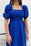 Neşeli butik kadın saks mavisi poplin kare yaka elbise NBG018