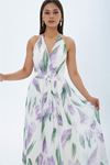 Kadın mor yaprak desen halter yaka maxi boy elbise DPMY4122