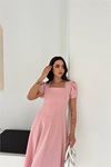 Kadın pembe kare yaka balon kol midi boy elbise DPK4550