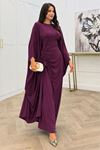 Neşeli butik kadın mürdüm büzgü detaylı premium tunik pantolon tesettür takım NMS103