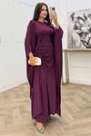 Neşeli butik kadın mürdüm büzgü detaylı premium tunik pantolon tesettür takım NMS103