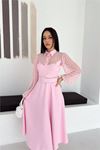 Kadın pembe gömlek yaka transparan üst detaylı kemerli midi boy elbise DPK4581