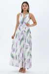 Kadın mor yaprak desen halter yaka maxi boy elbise DPMY4122