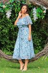 Neşeli butik kadın mint carmen yaka çiçekli midi boy şifon elbise NB10037