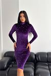 Neşeli butik kadın inci detaylı mini kadife elbise KKLF77 - Mor
