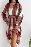 Neşeli butik kadın ithal kumaş kemerli ekose elbise KKLF62
