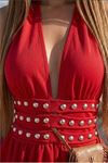 Kadın kırmızı halter yaka taş detaylı mini boy dalgış kumaş peplum elbise DPDF265