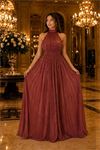 Neşeli butik kadın kiremit halter yaka janjan kumaş premium abiye elbise NBMY4128