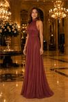 Neşeli butik kadın kiremit halter yaka janjan kumaş premium abiye elbise NBMY4128