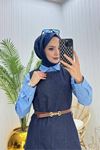 Kadın kemerli denim jile gömlek tesettür üçlü takım DPNMS073