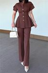 Kadın kahverengi gold düğme detaylı peplum kesim premium takım DPSTR4423