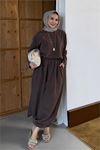Kadın kahverengi asimetrik tunik pantolon oversize tesnsel tesettür takım NMS104