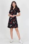 Neşeli butik kadın kruvaze yaka çiçek desenli örme krep mini elbise NB10022