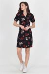 Neşeli butik kadın kruvaze yaka çiçek desenli örme krep mini elbise NB10022