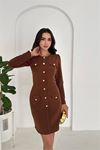 Kadın double kumaş düğmeli uzun kol mini elbise DPK4388