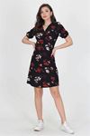 Neşeli butik kadın kruvaze yaka çiçek desenli örme krep mini elbise NB10022
