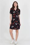 Neşeli butik kadın kruvaze yaka çiçek desenli örme krep mini elbise NB10022