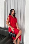 Neşeli butik kadın kuşaklı midi boy şifon elbise NBK4116