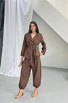 Kadın kahverengi kuşak detaylı oversize şalvar pantolon blazer ceket takım DPNP023