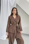 Kadın kahverengi kuşak detaylı oversize şalvar pantolon blazer ceket takım DPNP023
