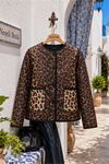 Kadın kahverengi leopar desen cepli kapitone oversize ceket DPHT04