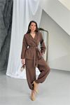 Kadın kahverengi kuşak detaylı oversize şalvar pantolon blazer ceket takım DPNP023
