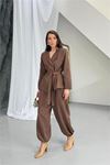 Kadın kahverengi kuşak detaylı oversize şalvar pantolon blazer ceket takım DPNP023