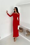 Kadın kayık yaka gol aksesuarlı elbise DPK4386