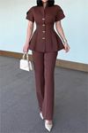Kadın kahverengi gold düğme detaylı peplum kesim premium takım DPSTR4423