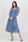 Neşeli butik kadın indigo gipeli kare yaka desenli şifon elbise NB100361