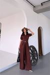 Neşeli butik kadın gömlek yaka kemerli geniş paça tulum NBK4197