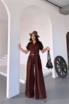 Neşeli butik kadın gömlek yaka kemerli geniş paça tulum NBK4197