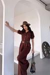 Neşeli butik kadın gömlek yaka kemerli geniş paça tulum NBK4197