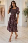Kadın kahverengi puantiye desen kare ya balon kol midi elbise ---DPK083