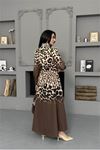 Neşeli butik kadın kahverengi leopar desen atlas kumaş düğmeli ithal elbise NBMS2597