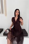 Kadın kahverengi asimetrik kesim flok baskılı midi boy elbise DPK078