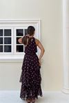 Kadın kahverengi puantiye desenli halter yaka bluz kat kat etek ikili takım DPMY4093