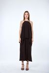 Kadın kahverengi ince askılı asimetrik kesim bluz pantolon ikili takım DPMY4070