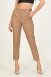 kadın camel metal kemerli cepli ofis pantolon DPQNS028