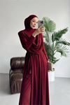 Kadın bordo degaje yaka kuşaklı sandy kumaş tesettür tulum NMS089