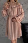 Neşeli butik kadın camel madonna yaka mini ponpon şifon elbise NBK2057