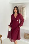 Neşeli butik kadın bordo astarlı tokalı şifon elbise NBK30281