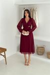 Neşeli butik kadın bordo astarlı tokalı şifon elbise NBK30281