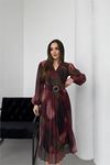 Kadın bordo piliseli kruvaze yaka Kemerli şifon elbise DPELB03
