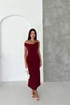 Kadın bordo omuz gold toka detaylı midi boy elbise DPK090