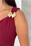 Kadın bordo omuz gold toka detaylı midi boy elbise DPK090