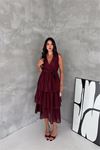 Kadın bordo kruvaze yaka kat kat kuşaklı midi boy elbise DPK4674