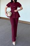 Kadın bordo gold düğme detaylı peplum kesim premium takım DPSTR4423